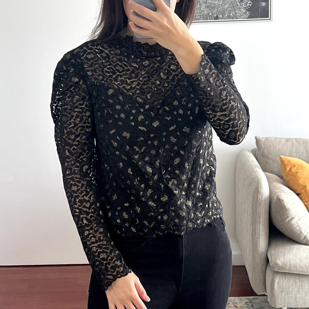 Saylor Annabelle lace black gold ruffled top high neck size XS